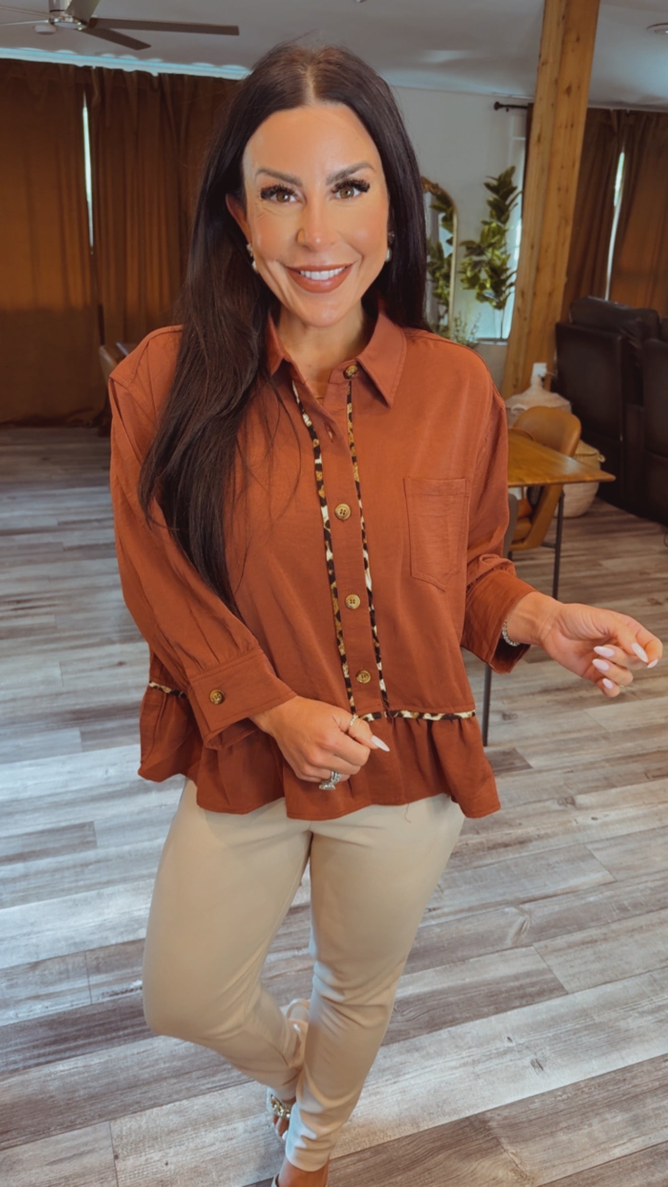 Mahogany Collared Puff Sleeve Top