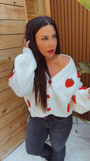 Chic White Strawberry Button Cardi Sweater