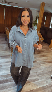 Denim Button Up Aztec Patchwork Long Sleeve Shacket