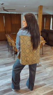 Denim Button Up Aztec Patchwork Long Sleeve Shacket