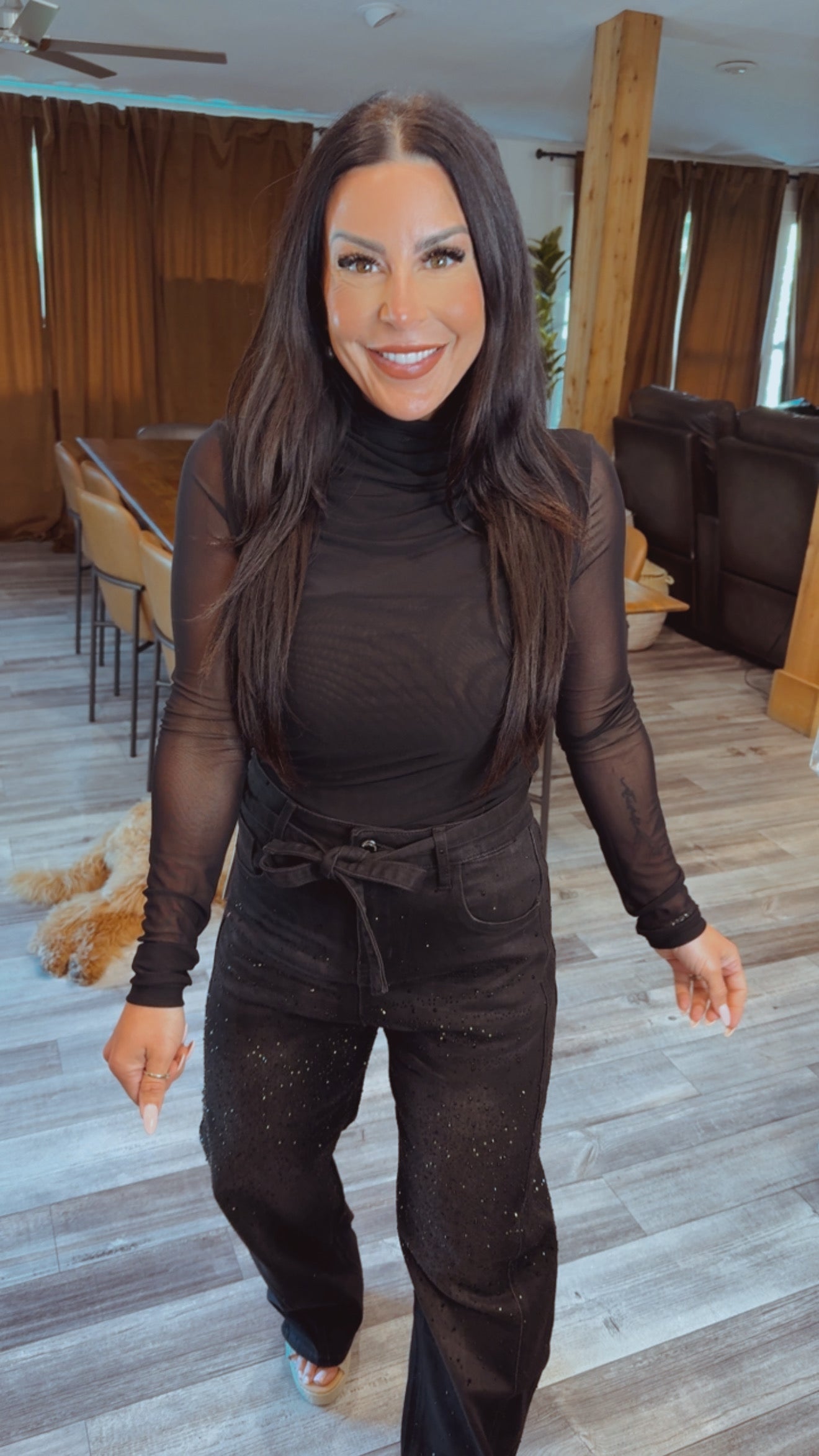 Chic Black Mesh Turtle Neck Top