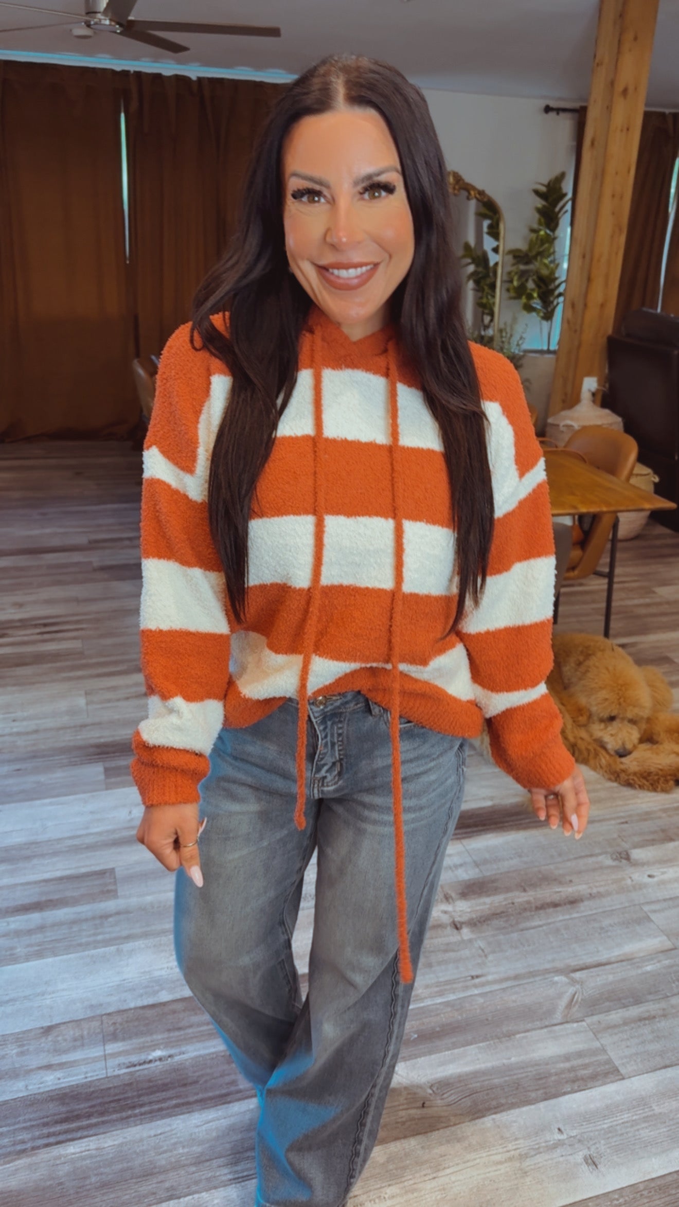 Rust and Ivory Cozy Striped Knit Hoodie