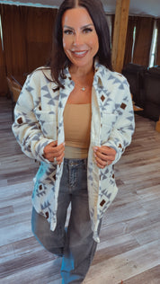 Off White and Blue Aztec Cozy Button Up Shacket