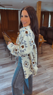 Off White and Blue Aztec Cozy Button Up Shacket