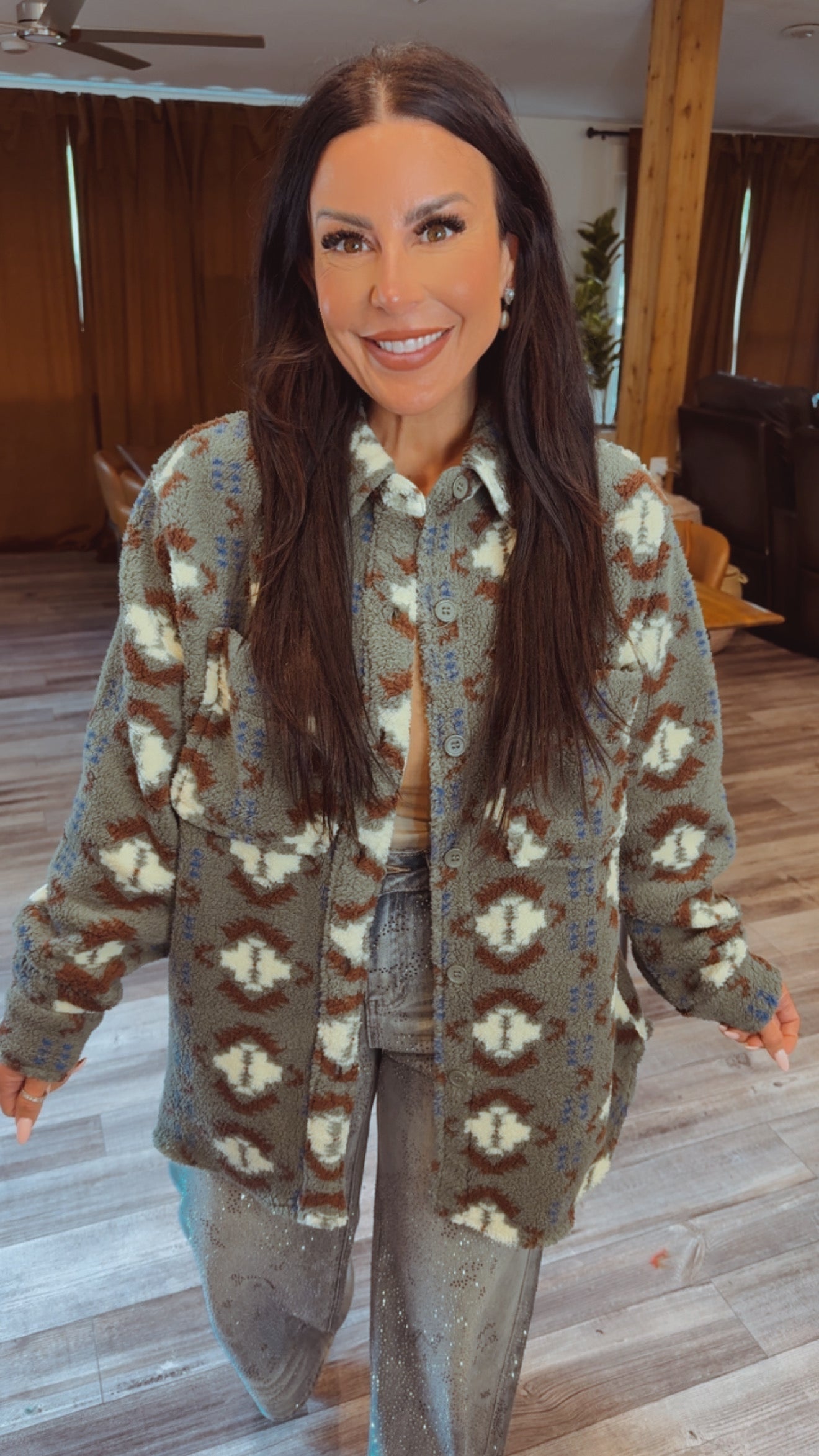 Forest Green and Cream Aztec Cozy Button Up Shacket