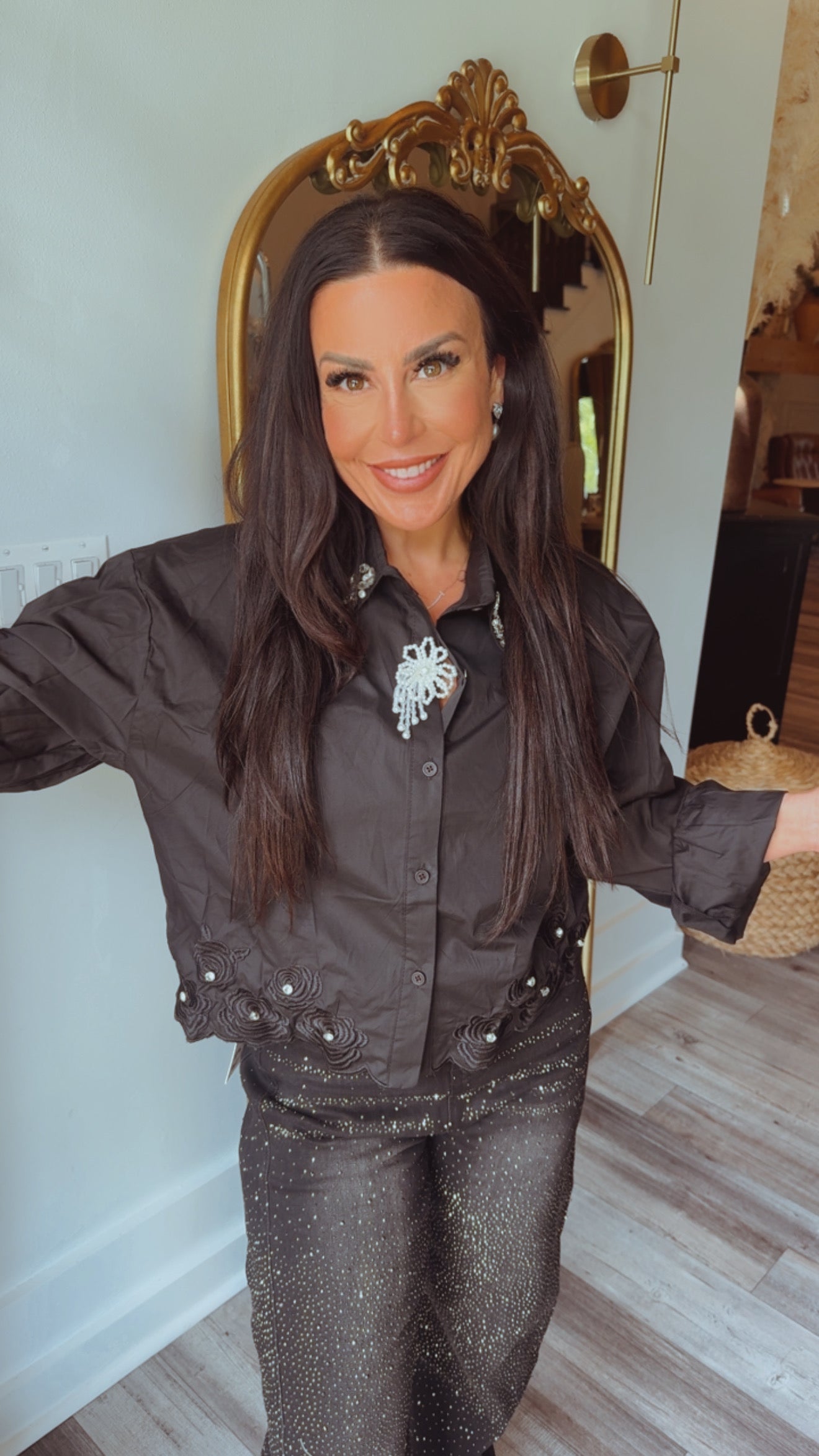 “MY PICK” Black Diva Crystal and Pearl Embelsshed Button Up Blouse