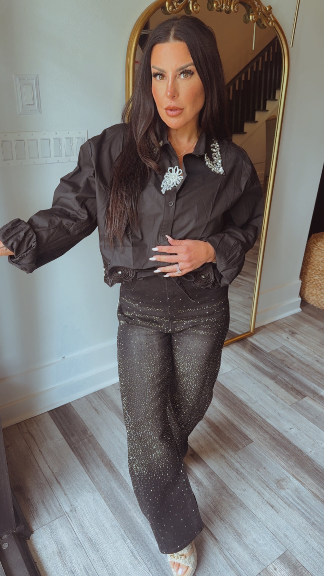 “MY PICK” Black Diva Crystal and Pearl Embelsshed Button Up Blouse