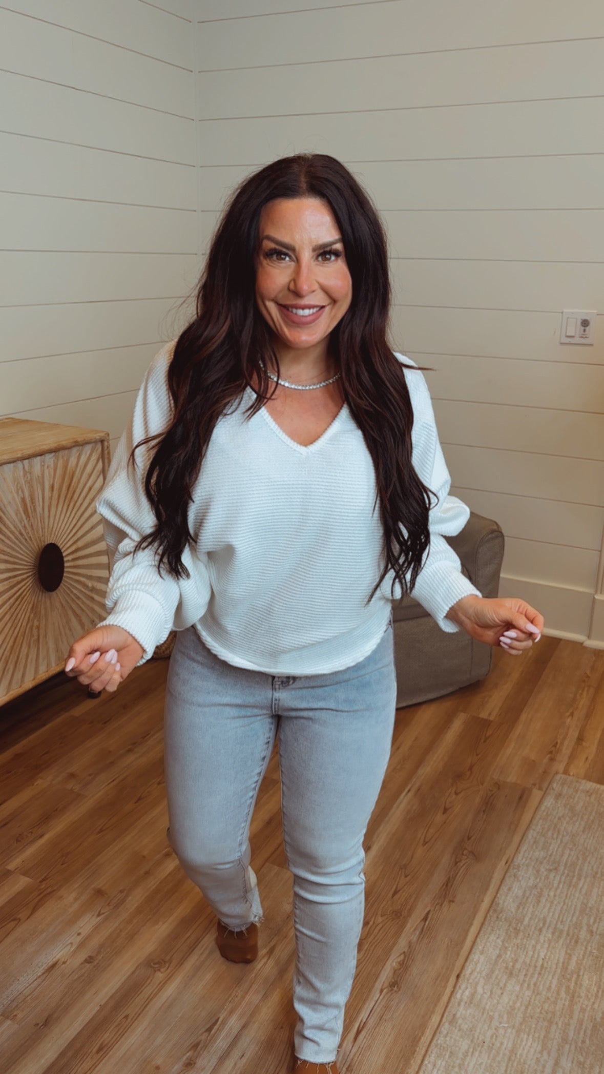 White Brushed V-Neck Dolman Top