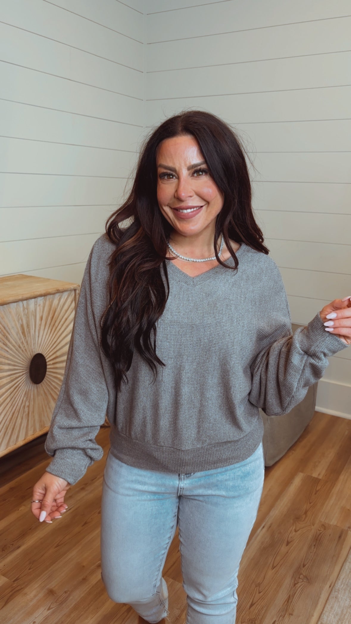 Grey V-neck Dolman Ribbed Knit Pullover
