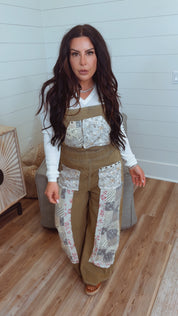 POL Olive Stripe Denim Patchwork Overalls