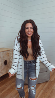 White and Black Knit striped Cardigan