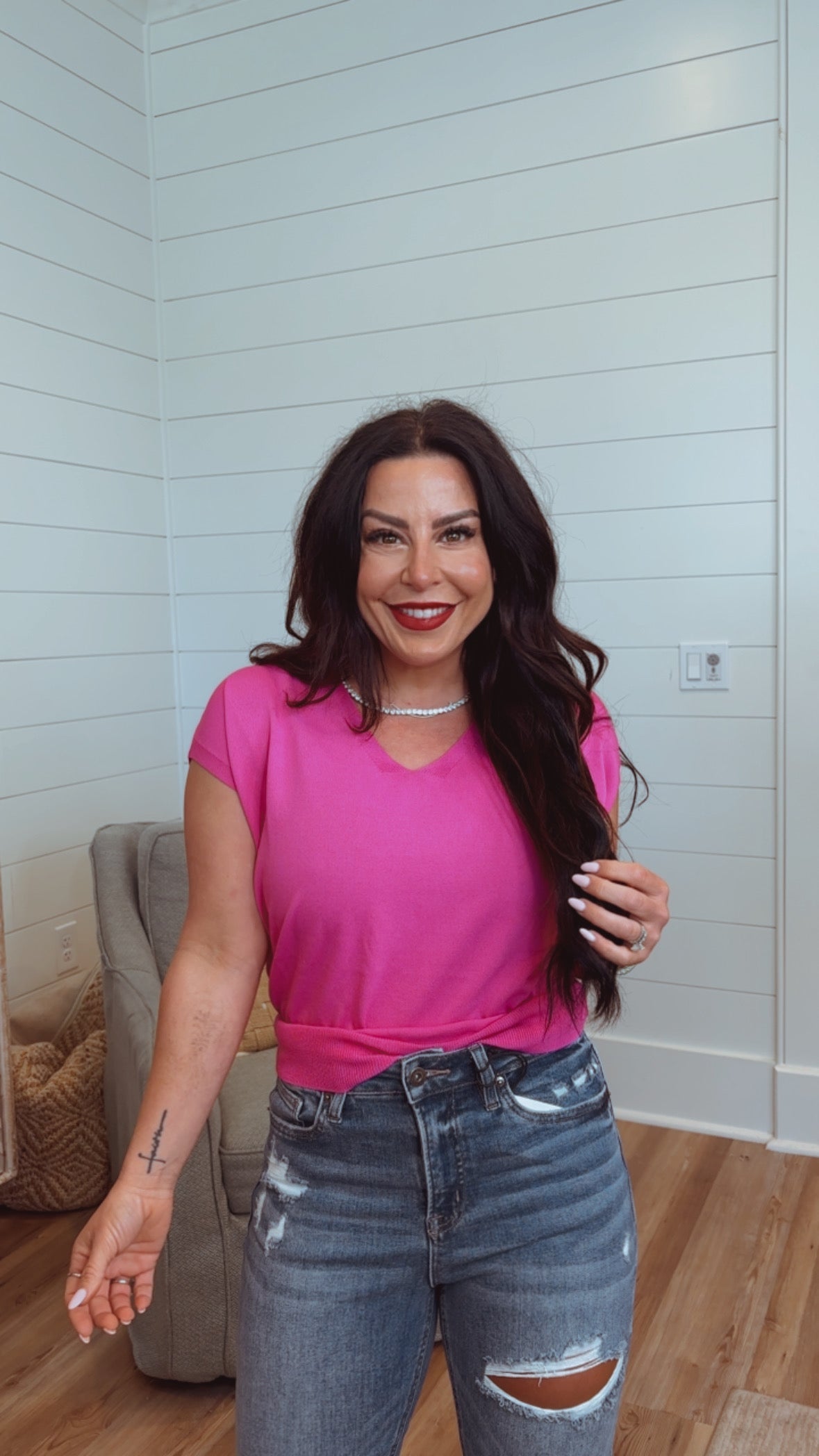 Cap Sleeve Pink Vneck Top