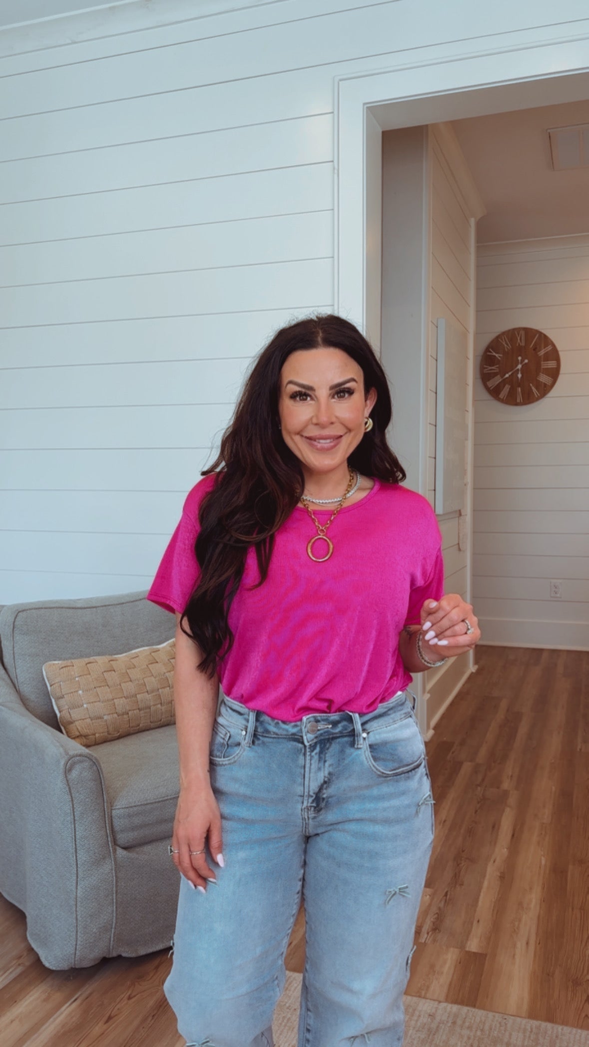 Fuchsia Pink Short Sleeve Round Neck Top