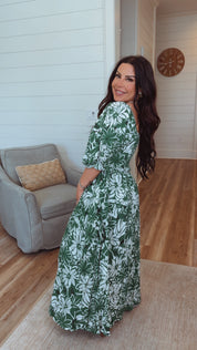 Green and White Puffed Sleeve Floral Print Maxi Dress