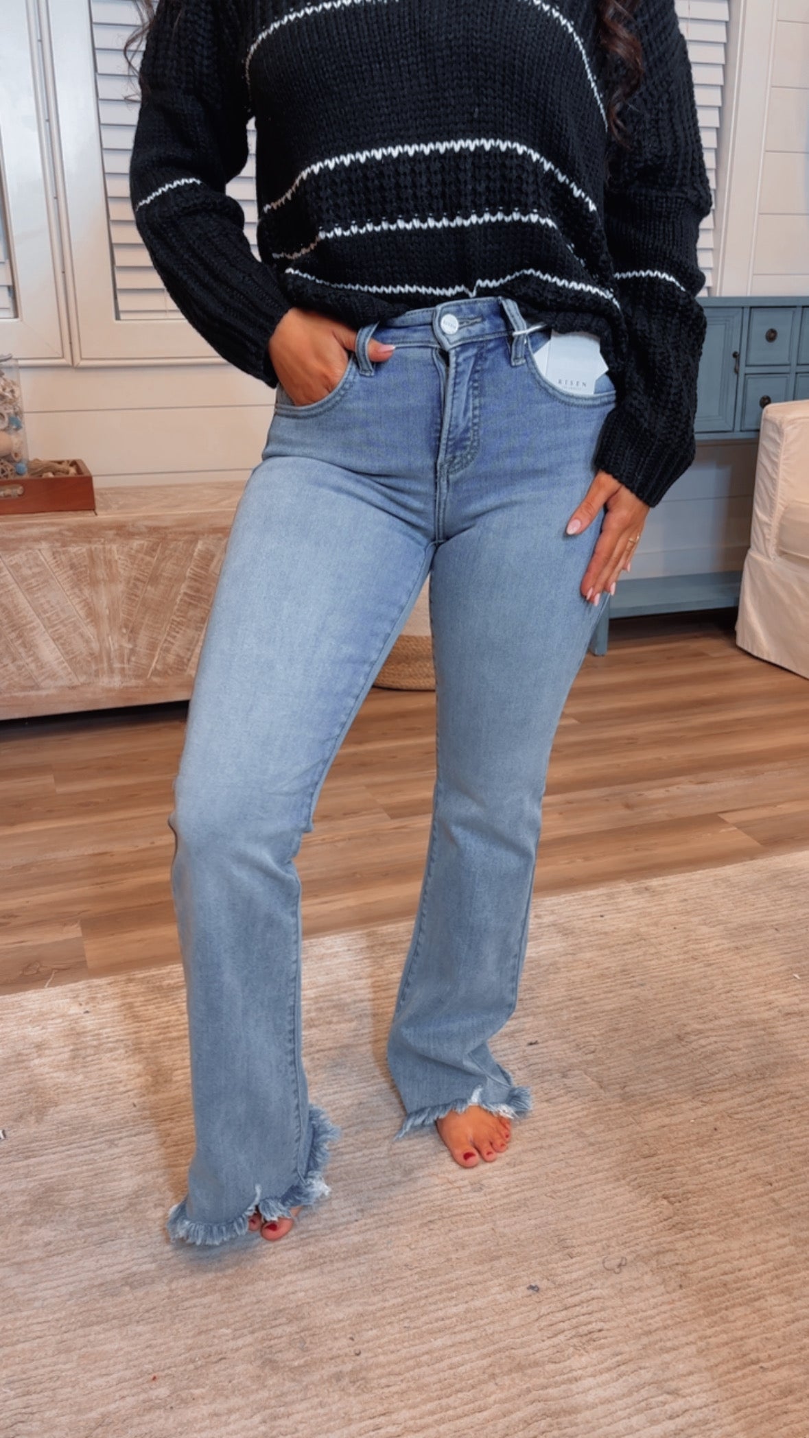 Risen Mid Rise Flare-Fray Hem Detailed Jeans