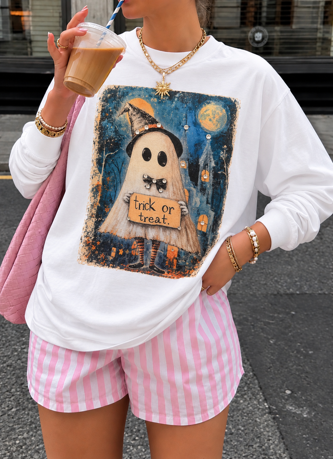 Trick Or Treat  Bling Grpahic Long Sleeve Top
