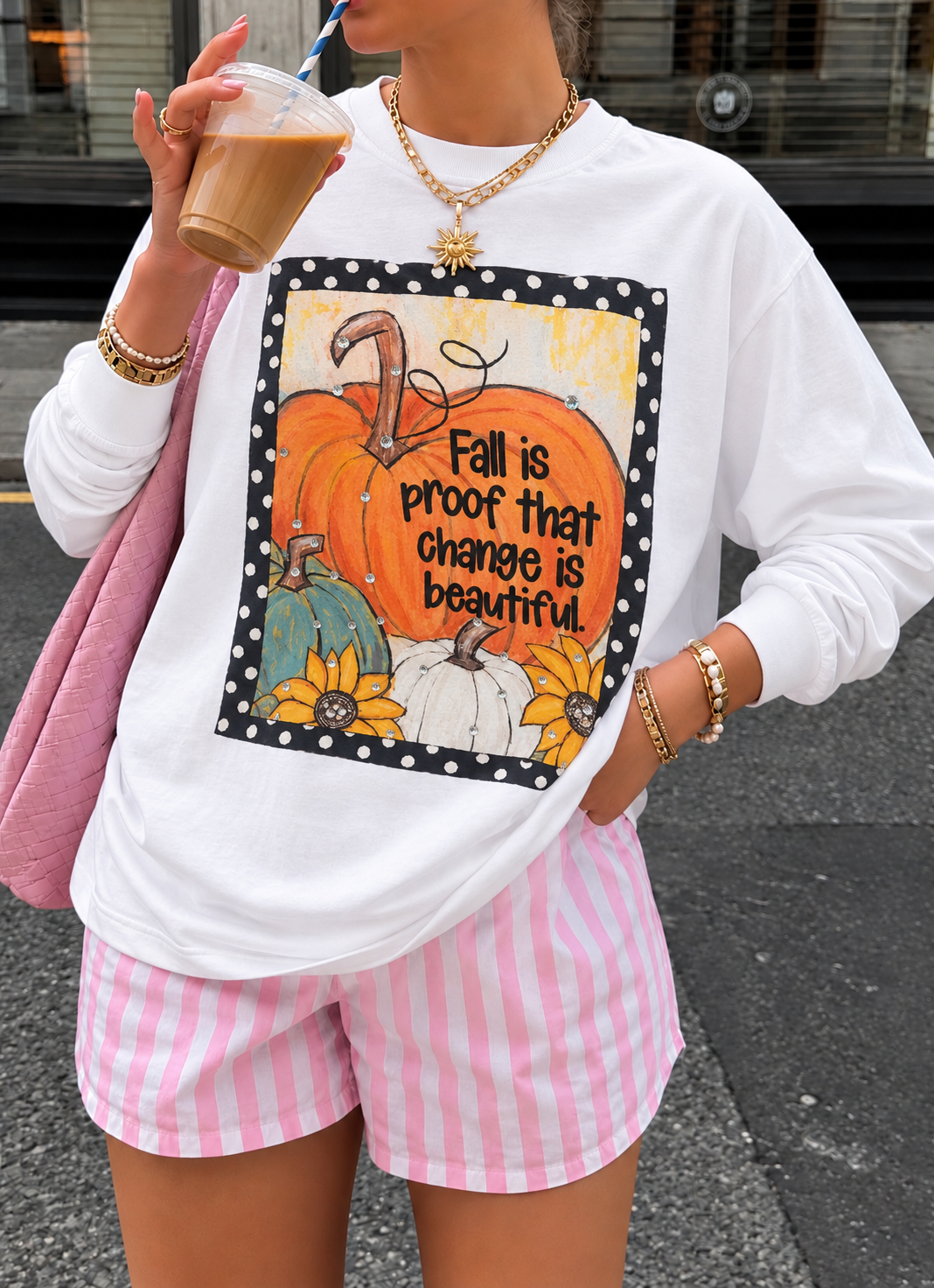Fall is Proof Change is Beautiful Bling Grpahic Long Sleeve Top