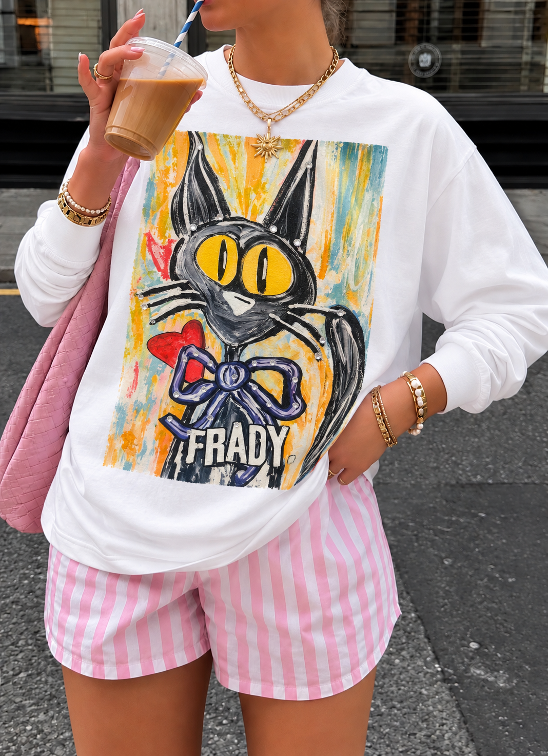 Frady Cat Bling Grpahic Long Sleeve Top