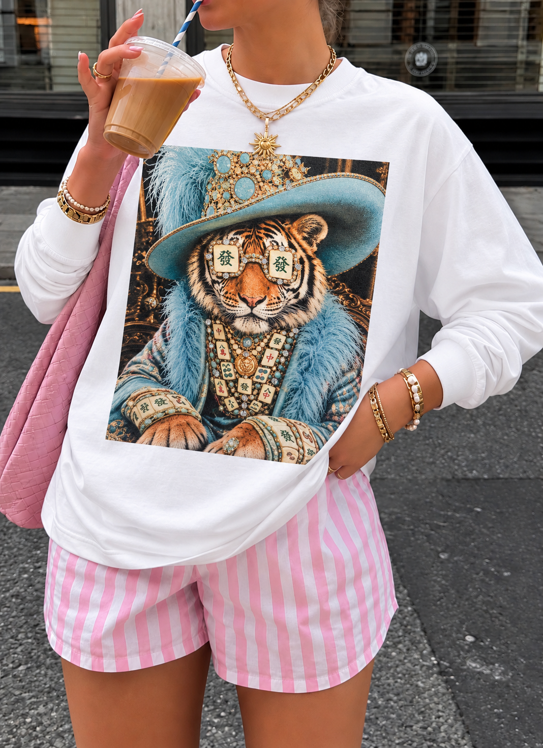 Gangsta Teal Tiger Bling Grpahic Long Sleeve Top