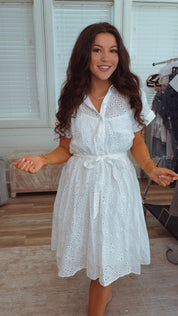 White Chic Eyelet Lace Collared Embroidered Dress