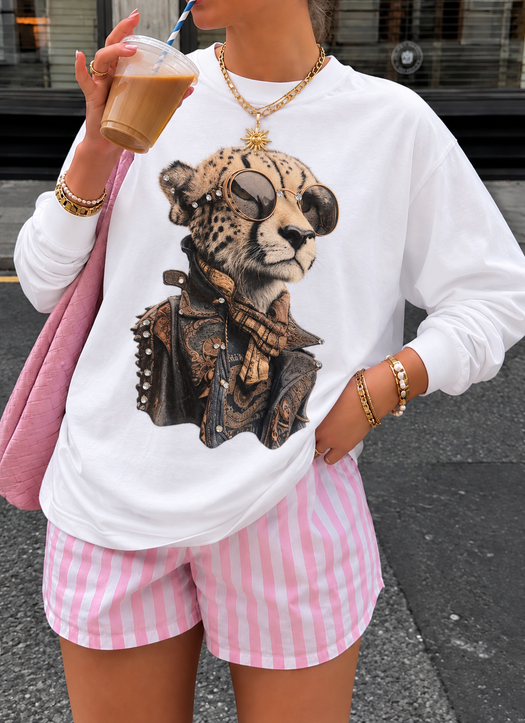 Leoaprd Sunnies  Bling Grpahic Long Sleeve Top