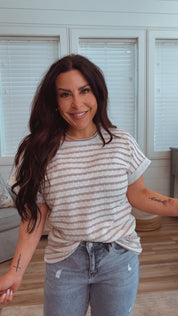 Cream And Taupe Striped Short Sleeve Top