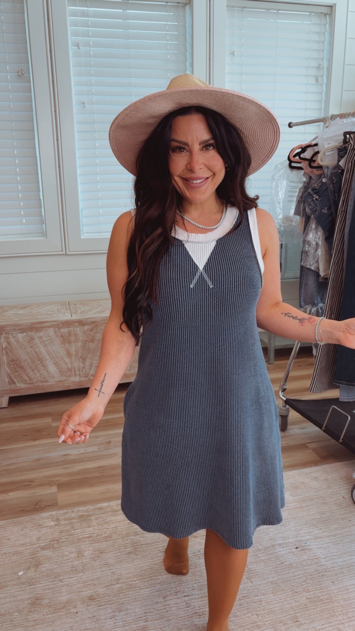 Indigo and Cream Sleeveless Ribbed Mini Dress