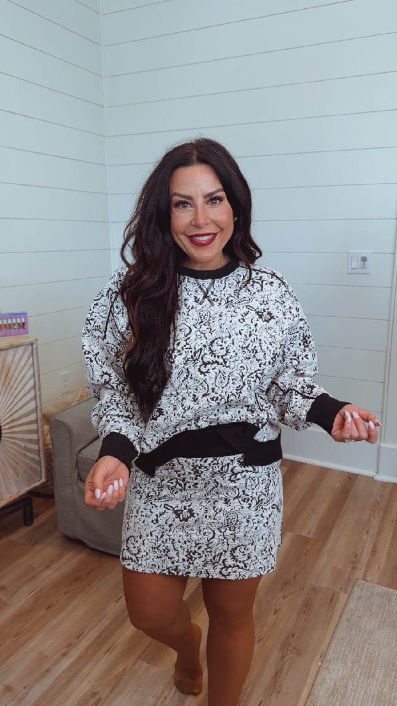 Black and White Jacquard Crewneck And Skirt Set