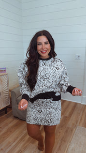 Black and White Jacquard Crewneck And Skirt Set