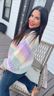 Plush Ultra Soft Knit Color Block Cardi Cream Blue Purple