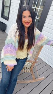 Plush Ultra Soft Knit Color Block Cardi Cream Blue Purple
