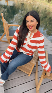 Ivory and Brick Knit Striped Vneck Sweater