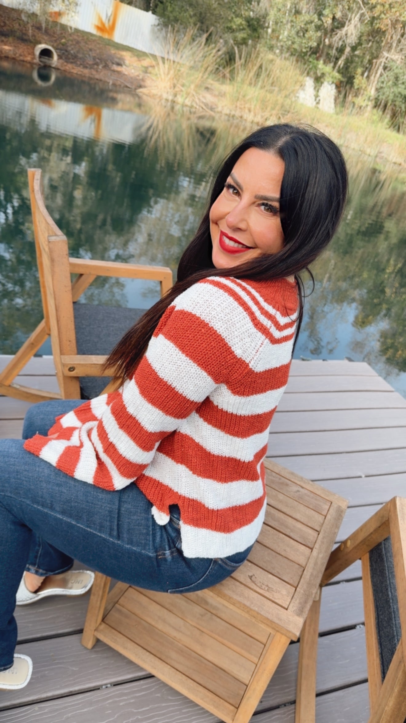 Ivory and Brick Knit Striped Vneck Sweater