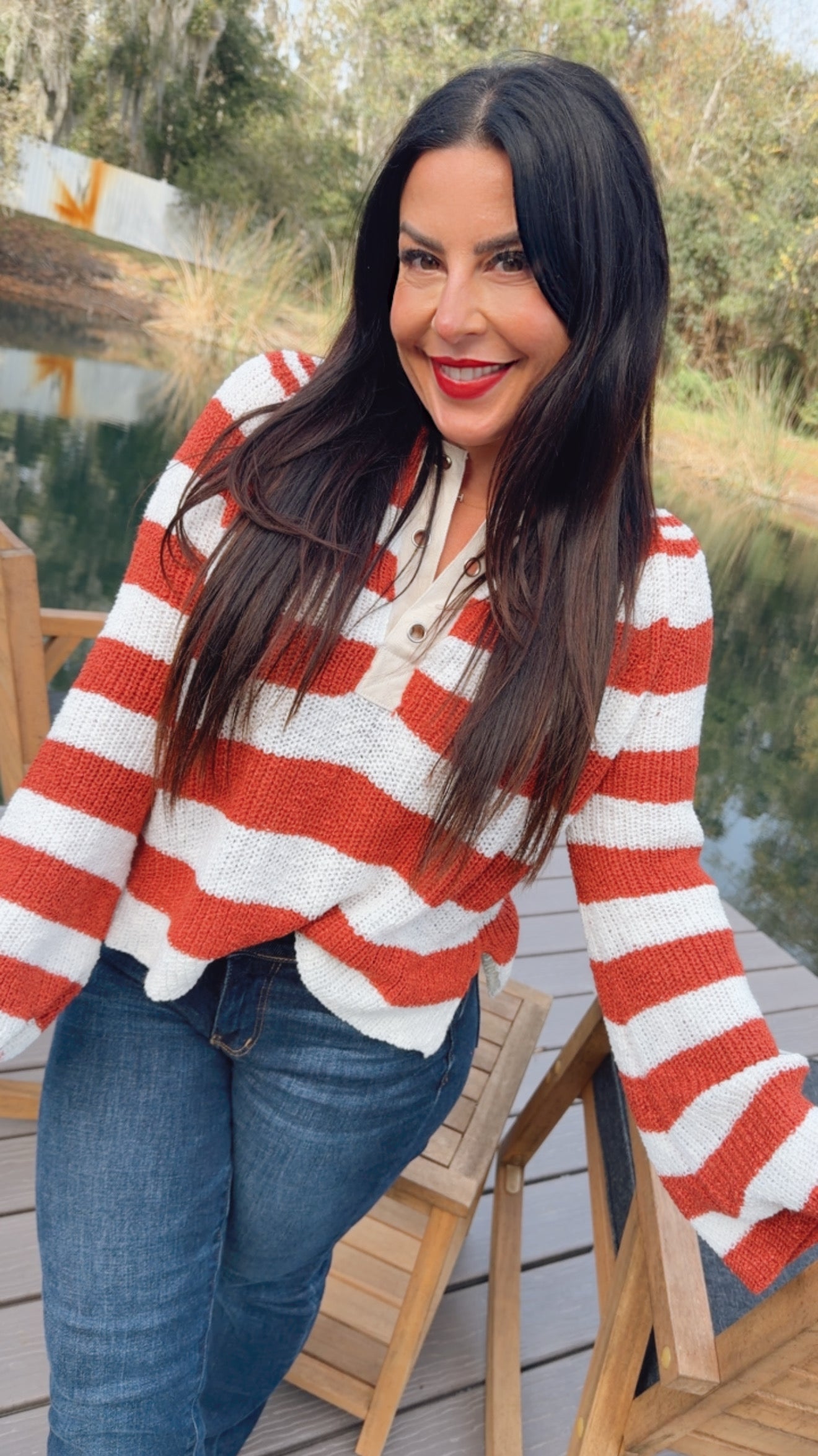 Ivory and Brick Knit Striped Vneck Sweater