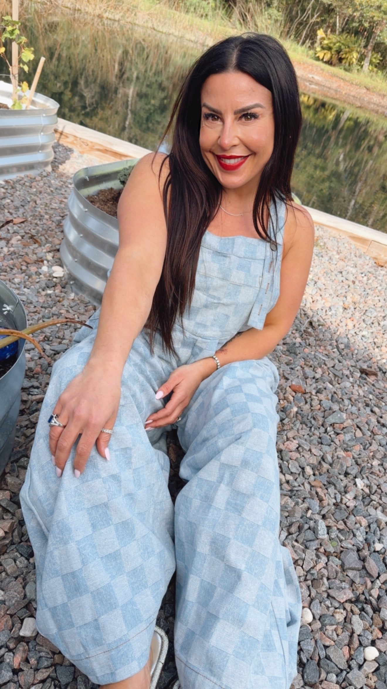 Denim Blue Checkered Wide Leg Jumpsuit