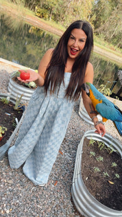 Denim Blue Checkered Wide Leg Jumpsuit