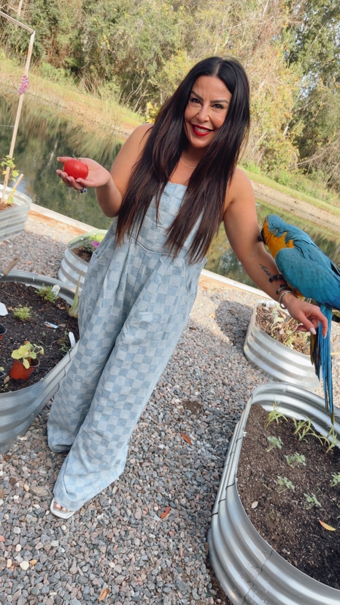 Denim Blue Checkered Wide Leg Jumpsuit