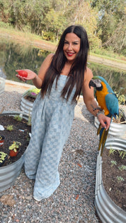 Denim Blue Checkered Wide Leg Jumpsuit