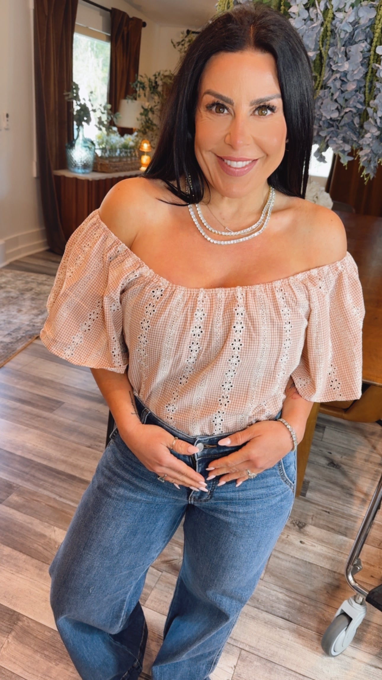 Flutter Short Sleeve Top Square Neck Eyelet