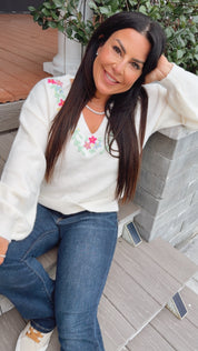 Cream And Floral Stitched Ultra Soft Sweater