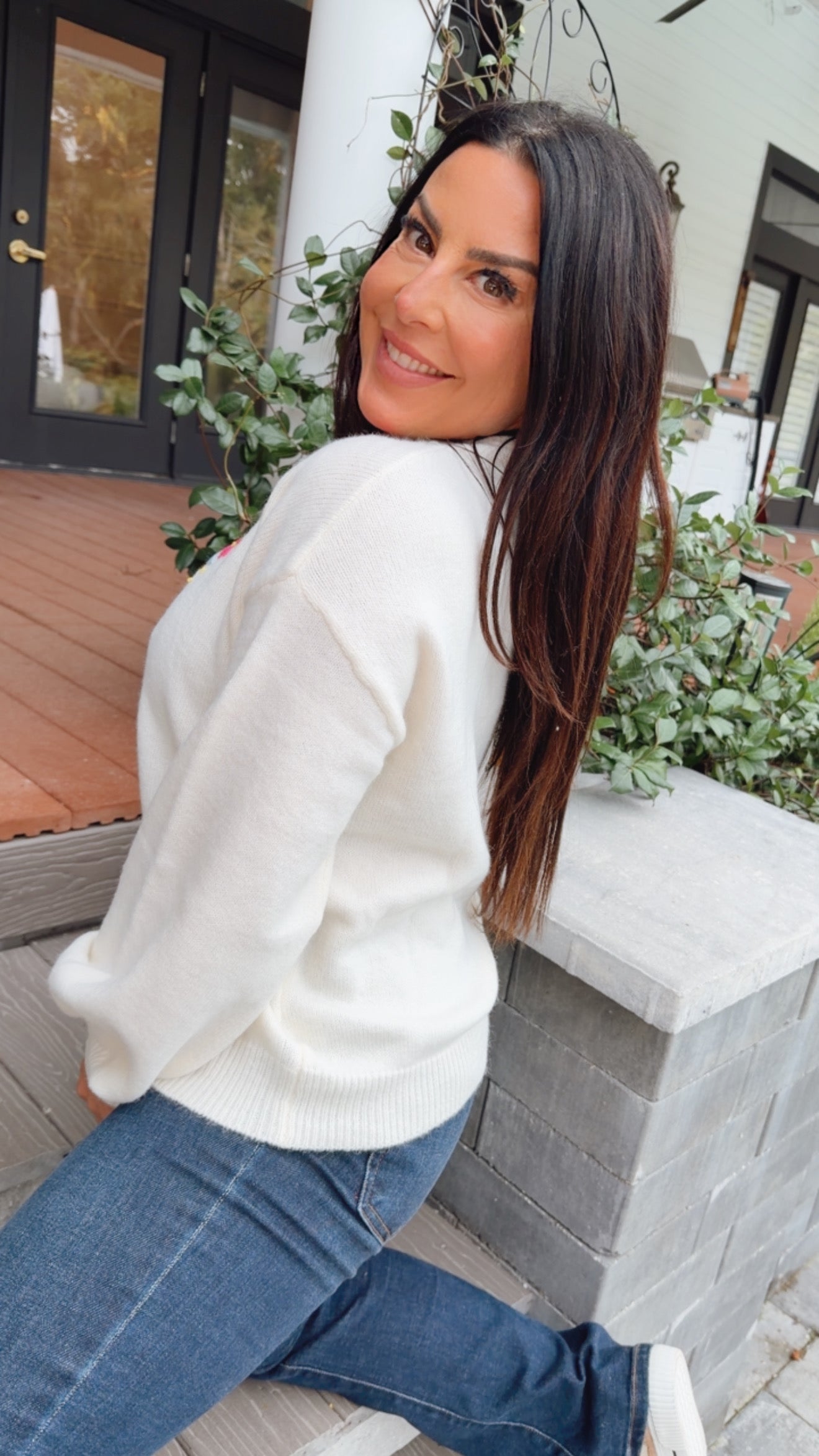 Cream And Floral Stitched Ultra Soft Sweater