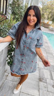 Must Have Frey Hem Denim and Cherry Button Up Dress