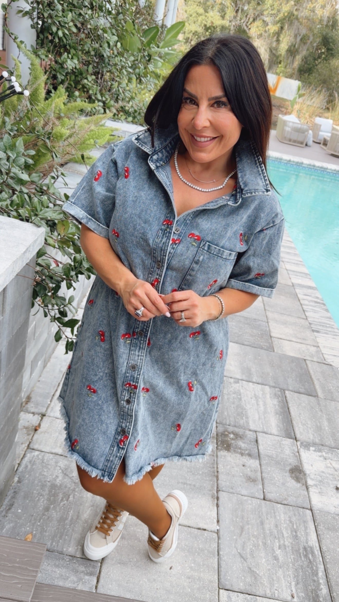 Must Have Frey Hem Denim and Cherry Button Up Dress