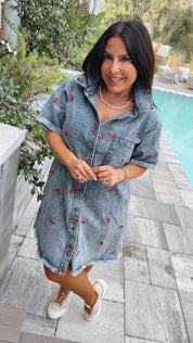 Must Have Frey Hem Denim and Cherry Button Up Dress