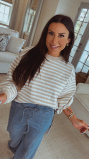 Stich and Co Chic Taupe and White Stripe Knit Luxe Sweater