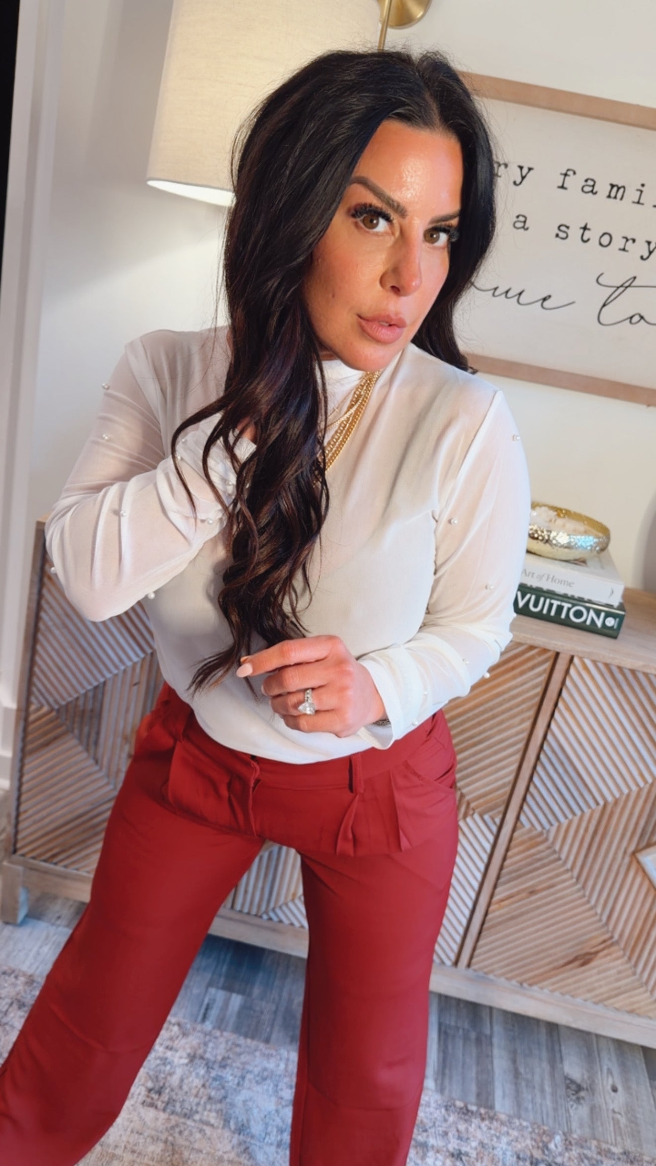 White Mesh Pearl Embellished Long Sleeve  Top