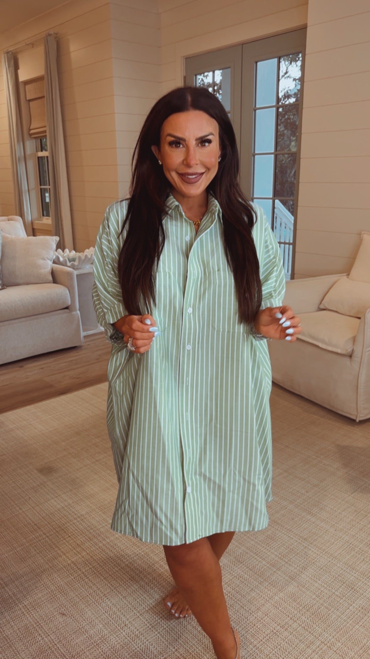Green and White Striped Button Up Long Sleeve Top  Stitch and Co 30a