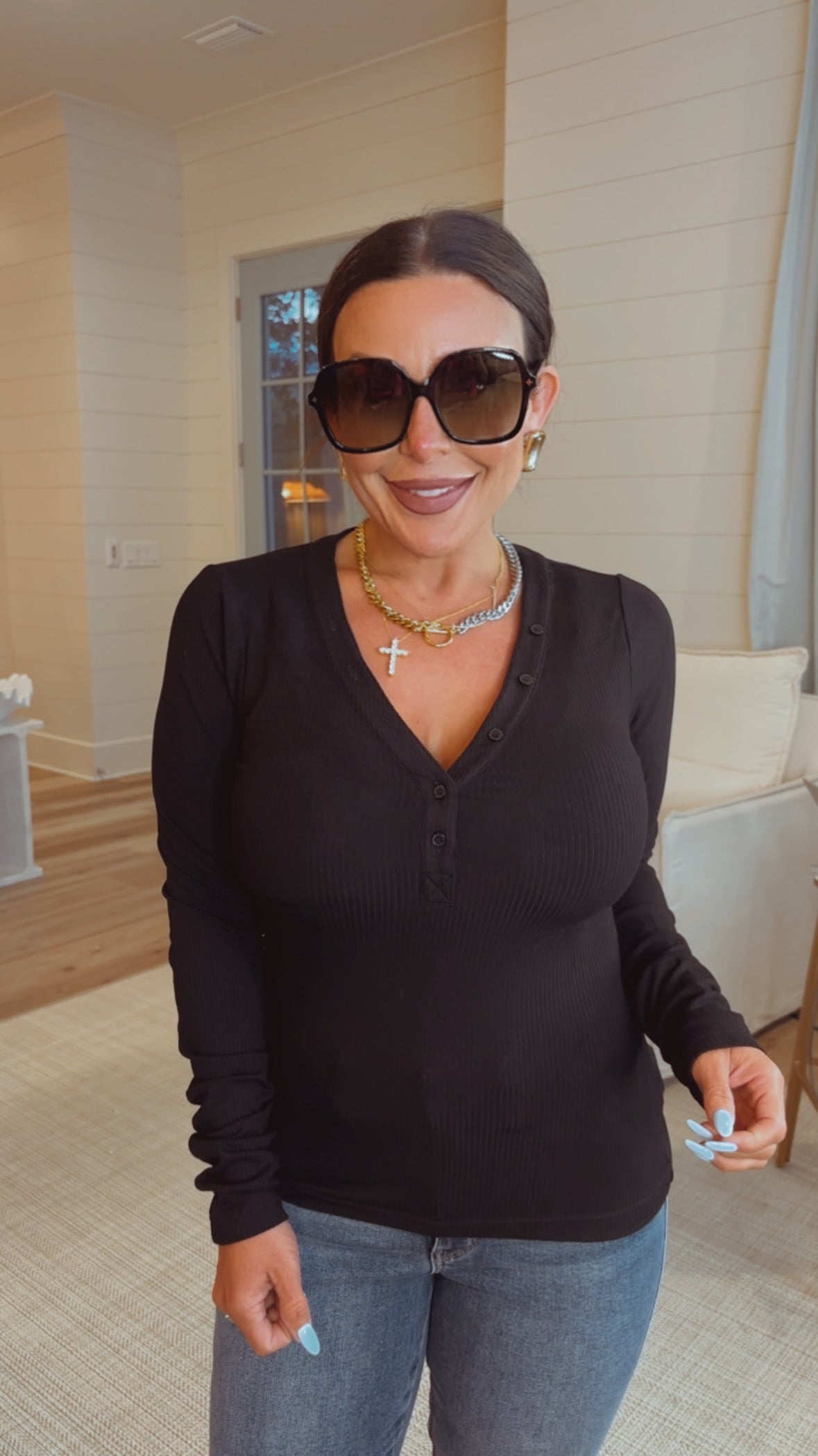 Black Henley Knit  Top  Stitch and Co 30a