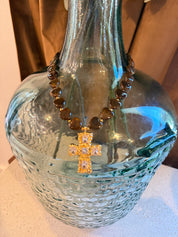 Chunky Brown Stone And Gold Cross Necklace
