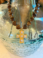 Chunky Brown Stone And Gold Cross Necklace